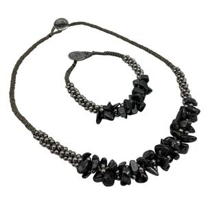 JOSEPH‎ NOGUCCI Bracelet and Necklace Set Cord Silver Tone Beads Black Hematite